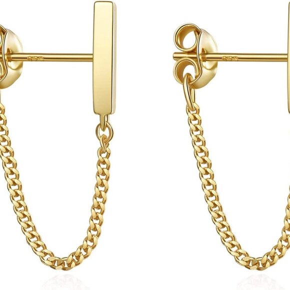 Stud Earrings with Chain Sterling Silver Chain Earrings for Women Bar Earrings D - Picture 1 of 8